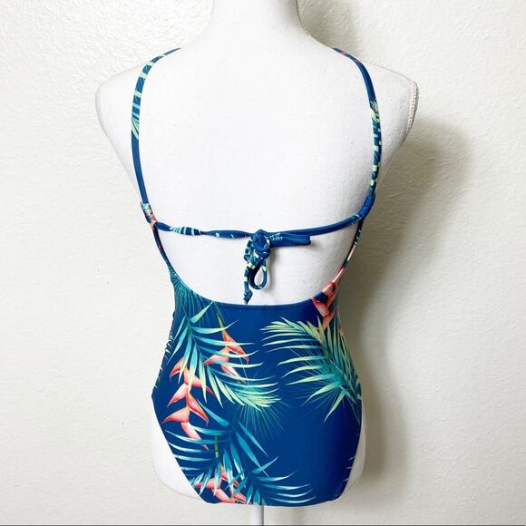 CUPSHE Teal Floral Cutout Halter One Piece Women Swimsuit Size Small NEW - Picture 4 of 6